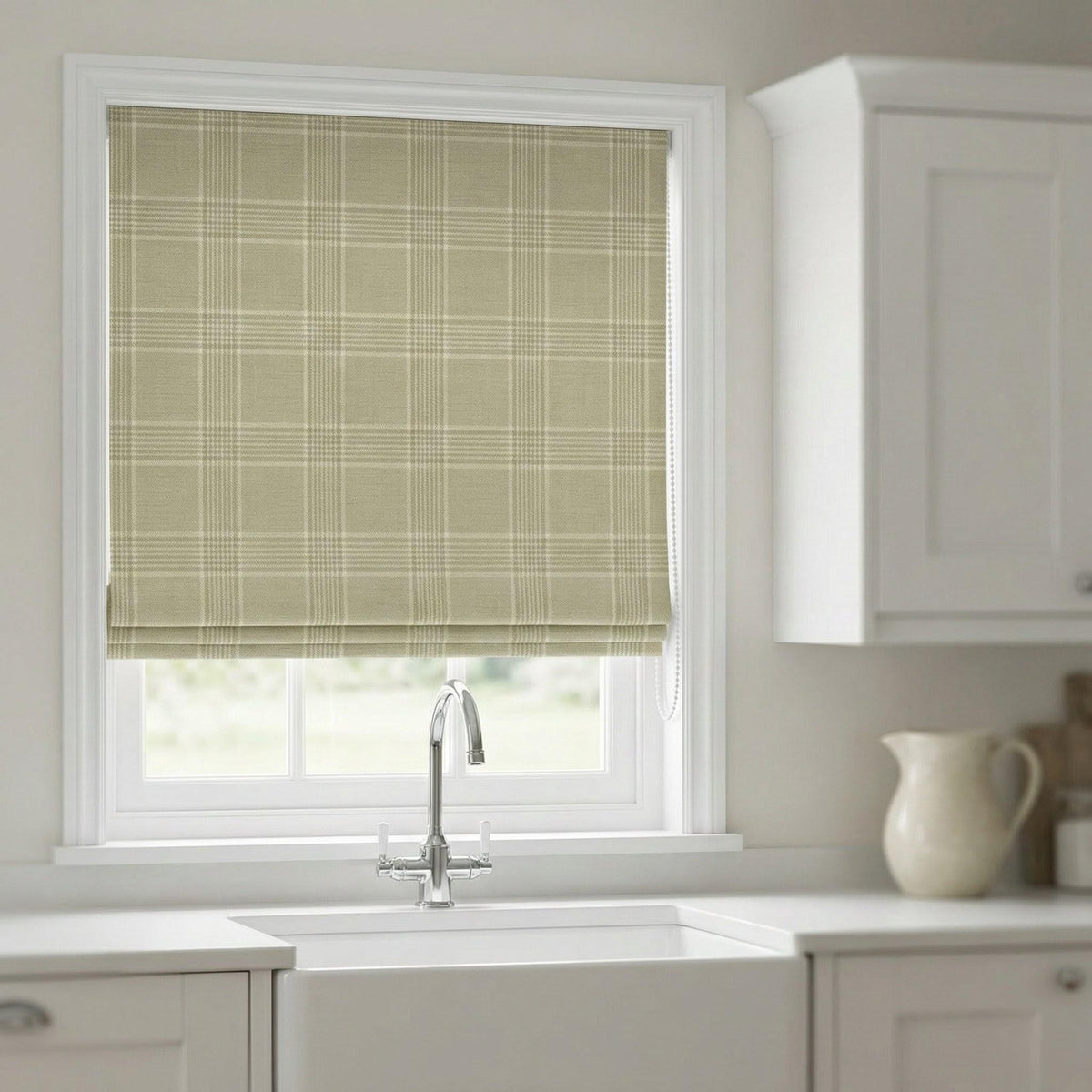 Sage Green Plaid Linen Roman Shade, Custom Corded Window Blind — image 4