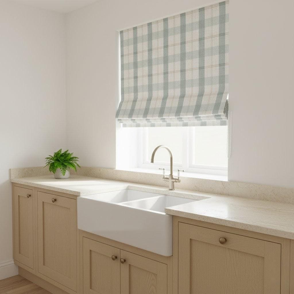Roman Shade: Duck Egg Blue Farmhouse Check - Custom Linen Blind — image 8
