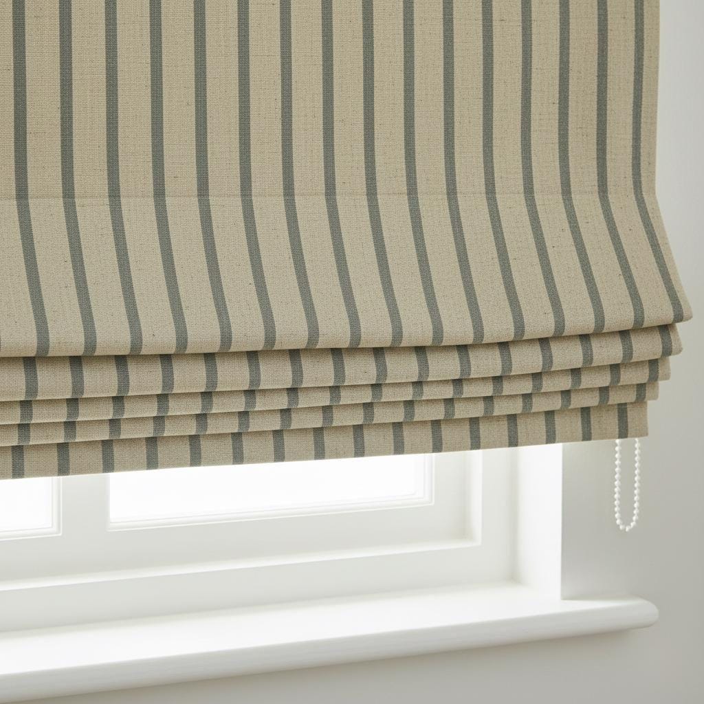 Custom Linen Roman Shade: Beige Sage Vertical Stripes, Light Control — image 1