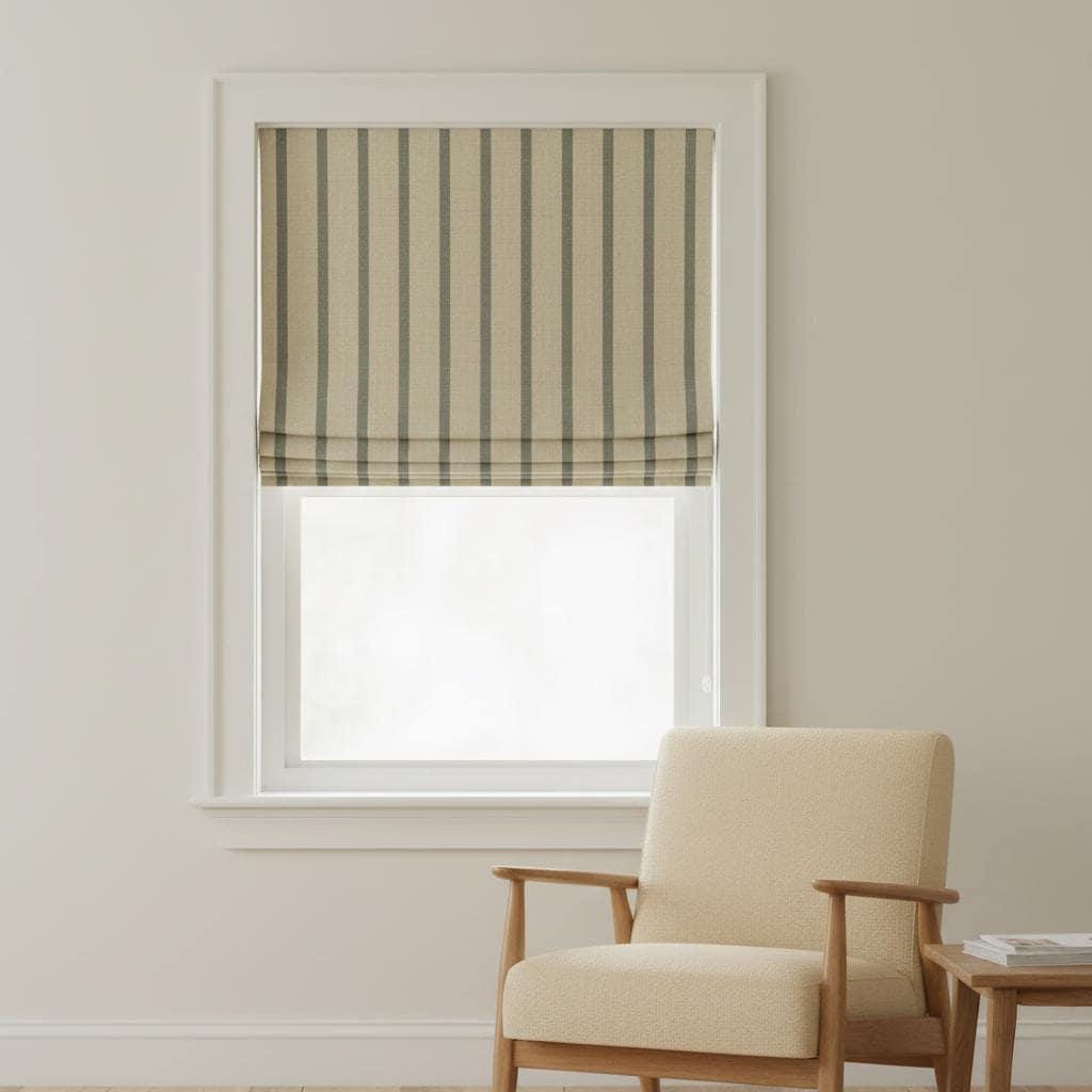 Custom Linen Roman Shade: Beige Sage Vertical Stripes, Light Control — image 3