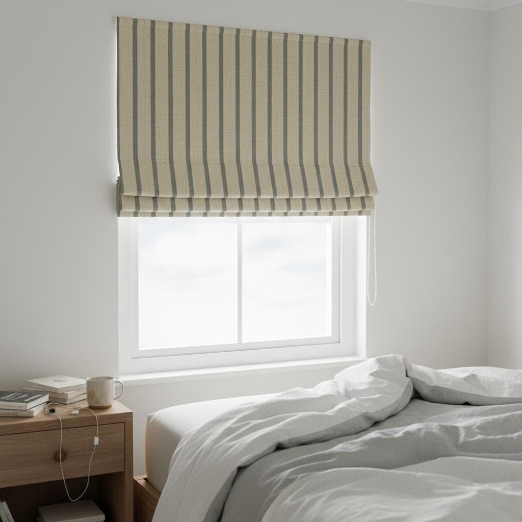 Custom Linen Roman Shade: Beige Sage Vertical Stripes, Light Control — image 5