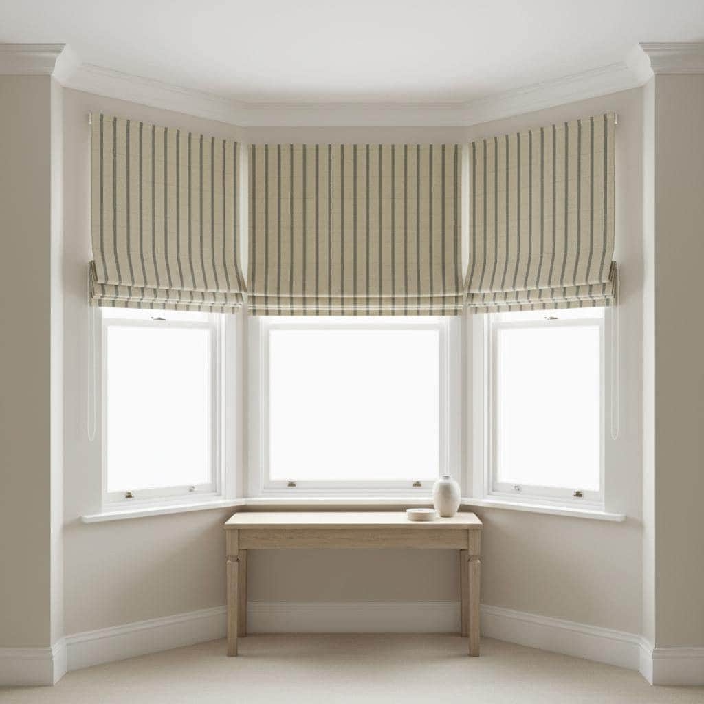 Custom Linen Roman Shade: Beige Sage Vertical Stripes, Light Control — image 6
