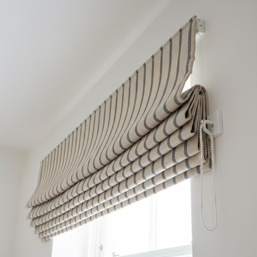 Custom Linen Roman Shade: Beige Sage Vertical Stripes, Light Control — image 10