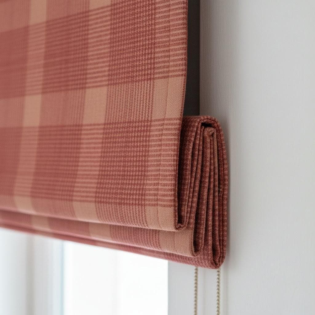 Roman Shade: Terracotta Red Plaid Linen (Custom Fit, Blackout or Light Filter) — image 1