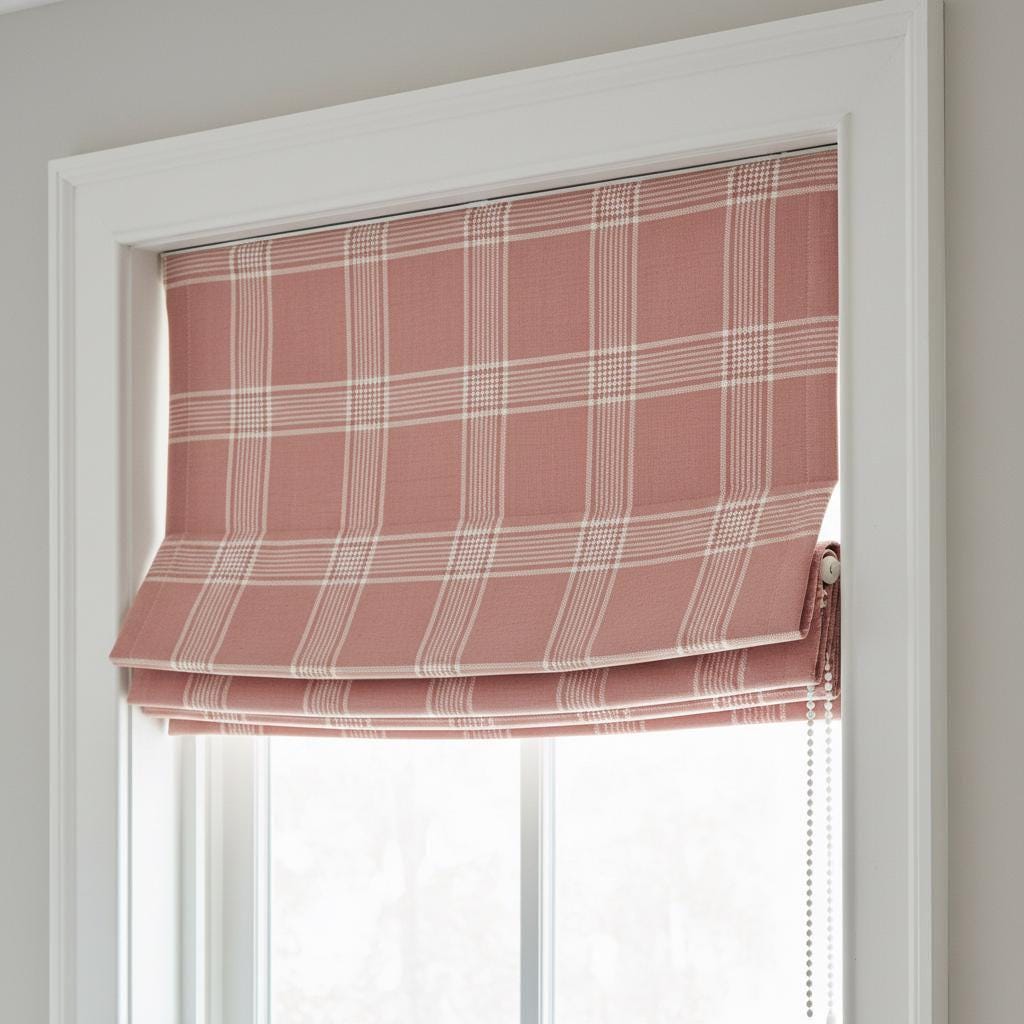 Dusty Rose Plaid Linen Roman Shade, Custom Farmhouse Window Blind, OEKO-TEX — image 1