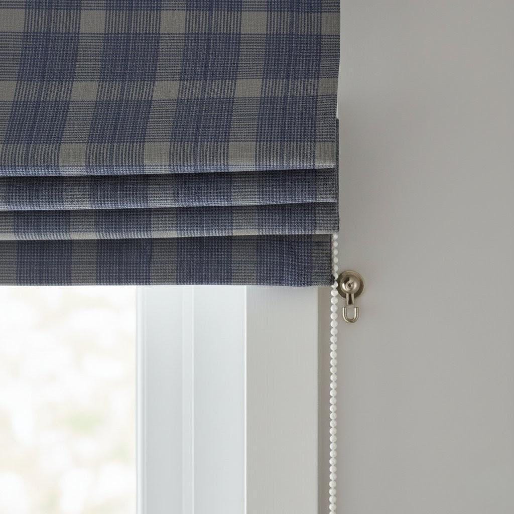 Roman Shade: Navy & Slate Glen Plaid Linen - Corded, Custom Fit — image 3