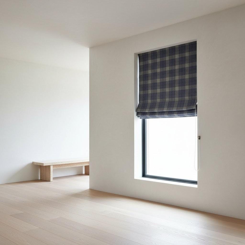Roman Shade: Navy & Slate Glen Plaid Linen - Corded, Custom Fit — image 4