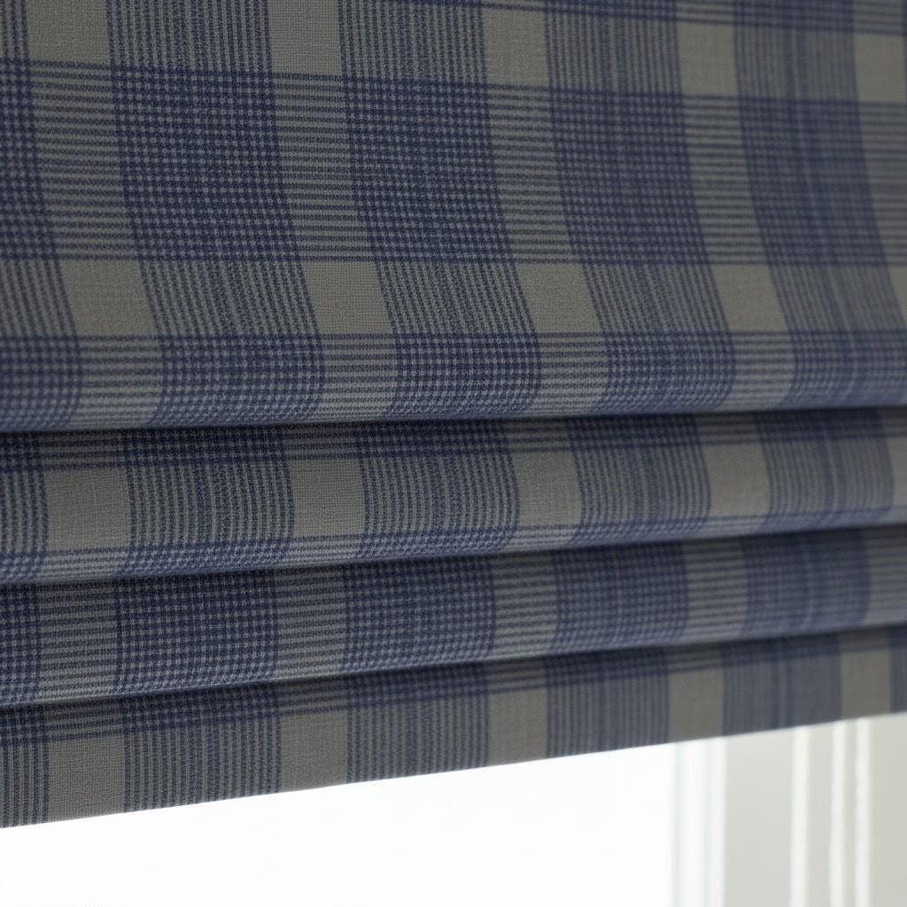 Roman Shade: Navy & Slate Glen Plaid Linen - Corded, Custom Fit — image 5