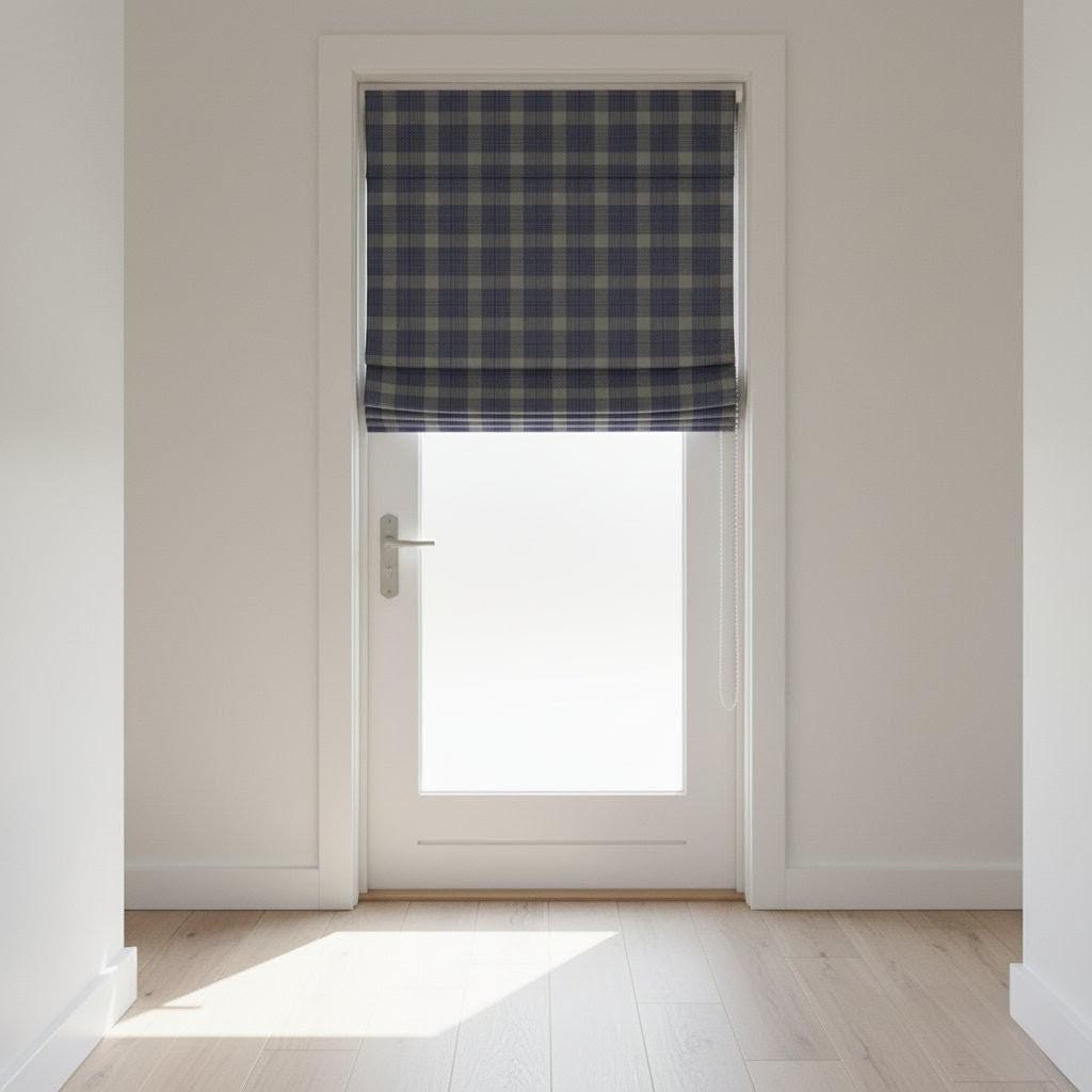 Roman Shade: Navy & Slate Glen Plaid Linen - Corded, Custom Fit — image 6