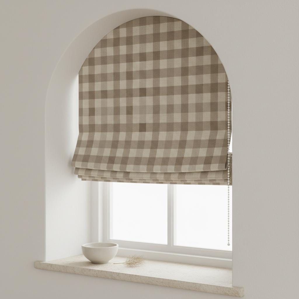 Taupe Beige Gingham Linen Roman Shade, Farmhouse Window Blind — image 7