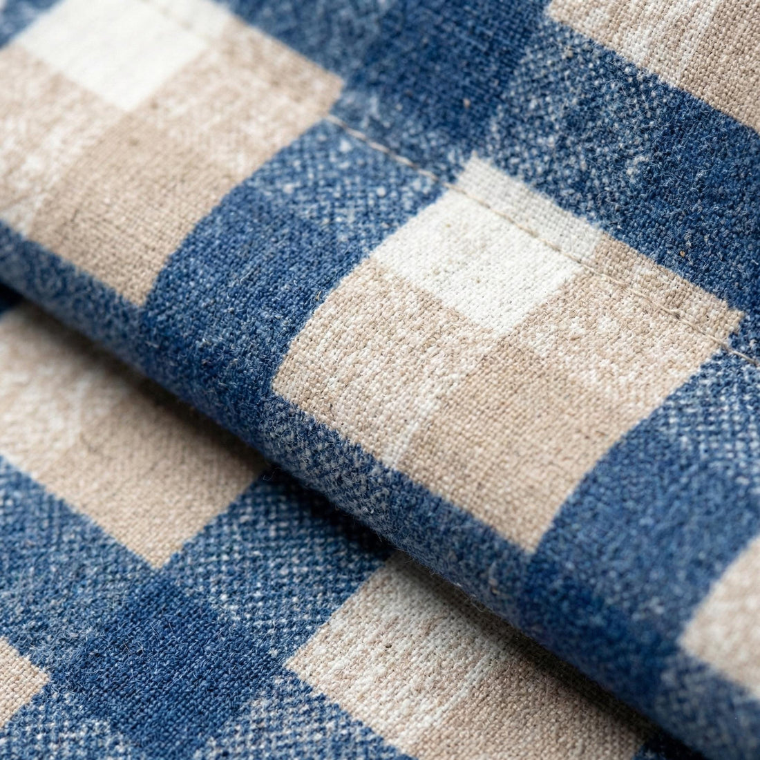 Roman Shade: Blue Beige Buffalo Check - Organic Linen, Custom Size — image 1