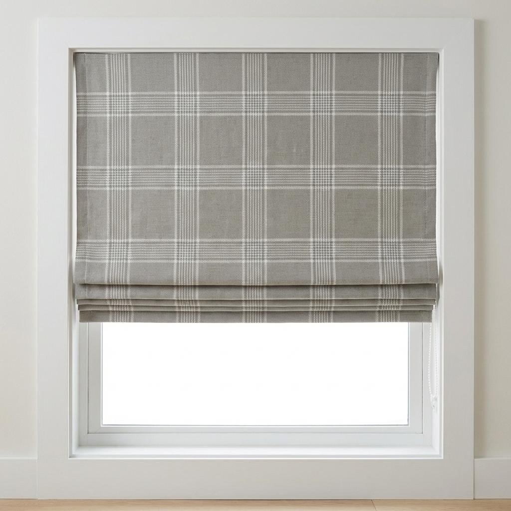 Custom Grey Plaid Linen Roman Shade, Farmhouse Window Blind — image 2