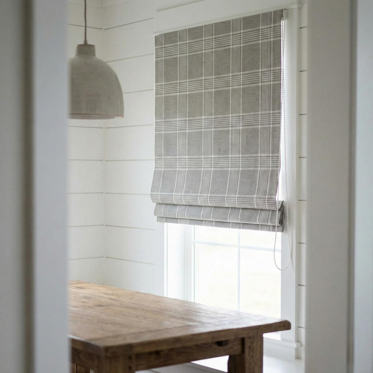 Custom Grey Plaid Linen Roman Shade, Farmhouse Window Blind — image 6