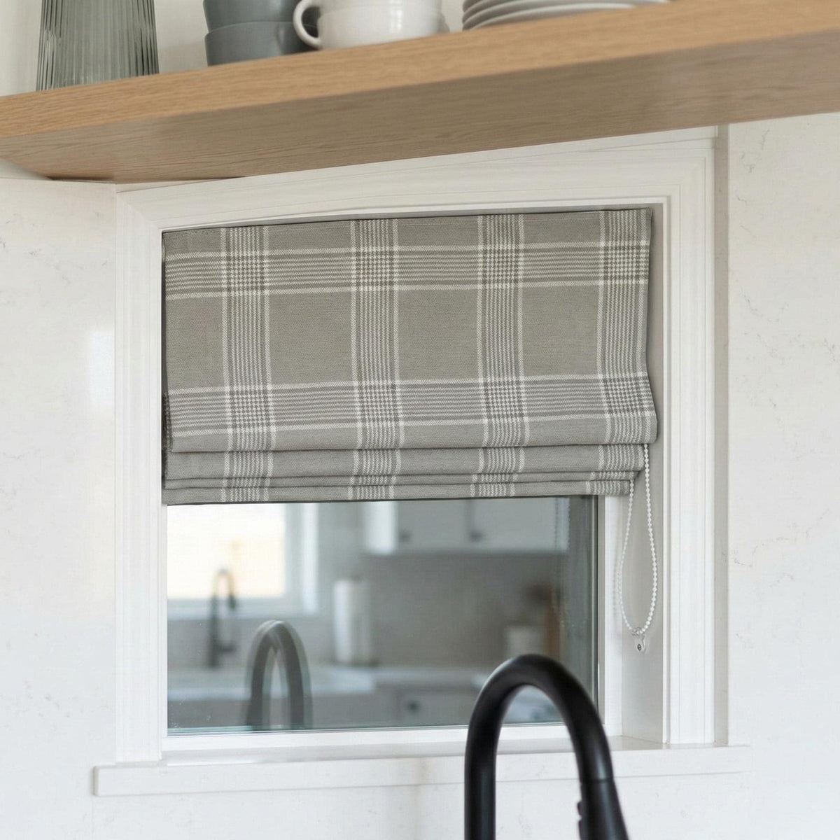 Custom Grey Plaid Linen Roman Shade, Farmhouse Window Blind — image 9
