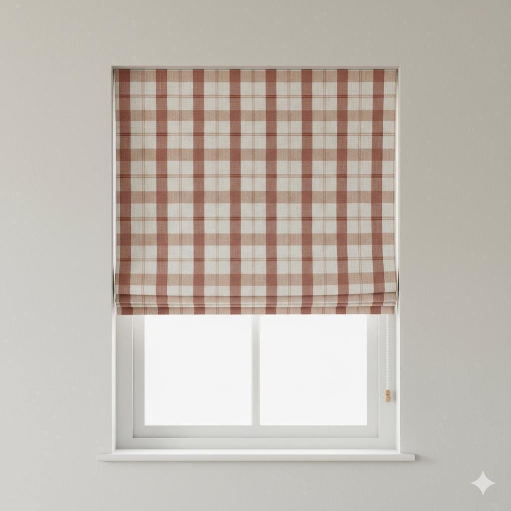 Terracotta Check Roman Shade - Custom Linen with Blackout or Light Filter Liner — image 1