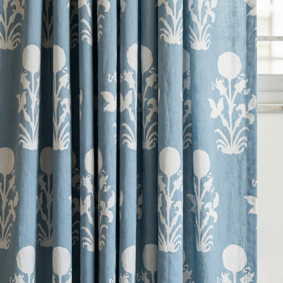 Dusty Blue Floral Curtains, Organic Cotton Block Print Drapes, Custom Size — image 1