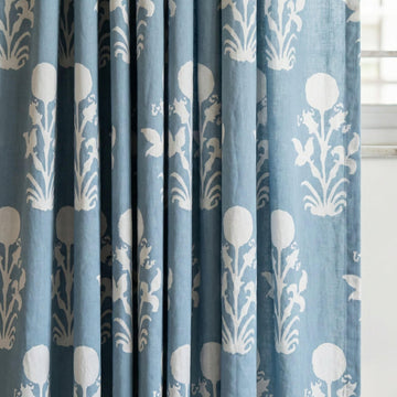 Dusty Blue Floral Curtains, Organic Cotton Block Print Drapes, Custom Size — image 1