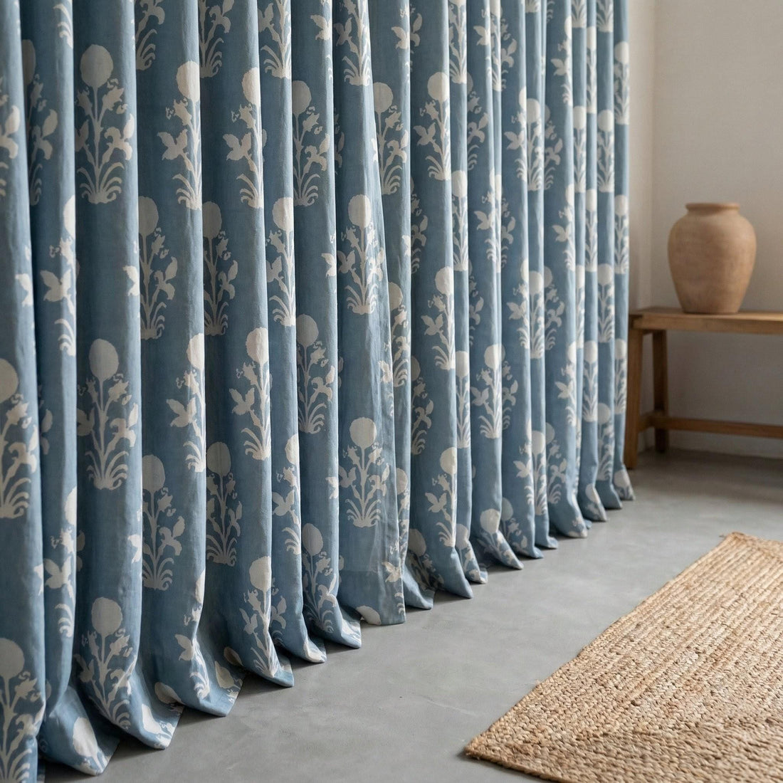 Dusty Blue Floral Curtains, Organic Cotton Block Print Drapes, Custom Size — image 1