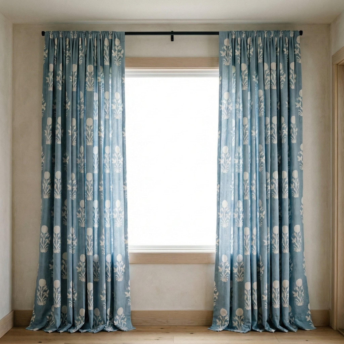 Dusty Blue Floral Curtains, Organic Cotton Block Print Drapes, Custom Size — image 7