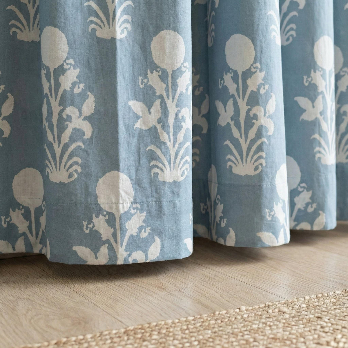 Dusty Blue Floral Curtains, Organic Cotton Block Print Drapes, Custom Size — image 3