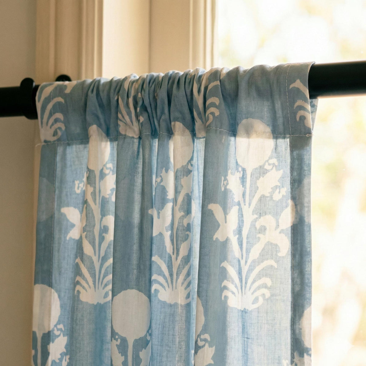 Dusty Blue Floral Curtains, Organic Cotton Block Print Drapes, Custom Size — image 8