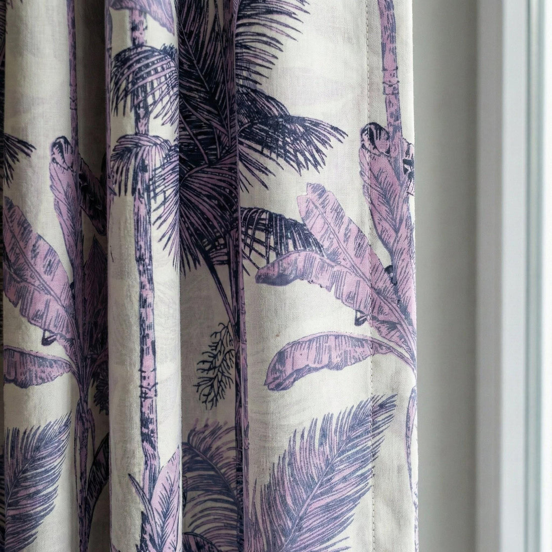 Ivory Palm Print Curtain, Purple Botanical Organic Cotton Drape, Custom Size — image 1