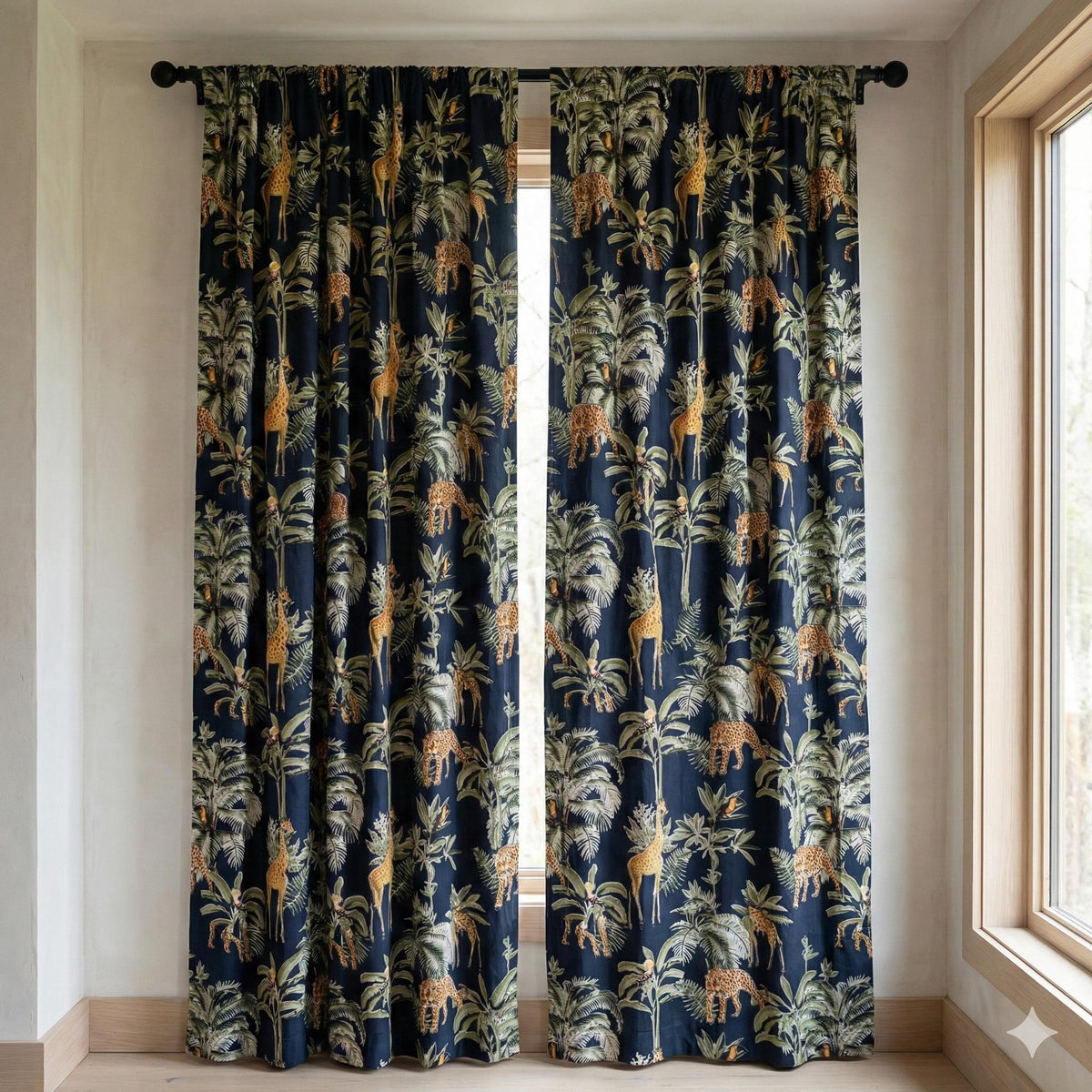 Black Jungle Safari Curtains, Leopard Giraffe Print, Organic Cotton Drapes — image 6
