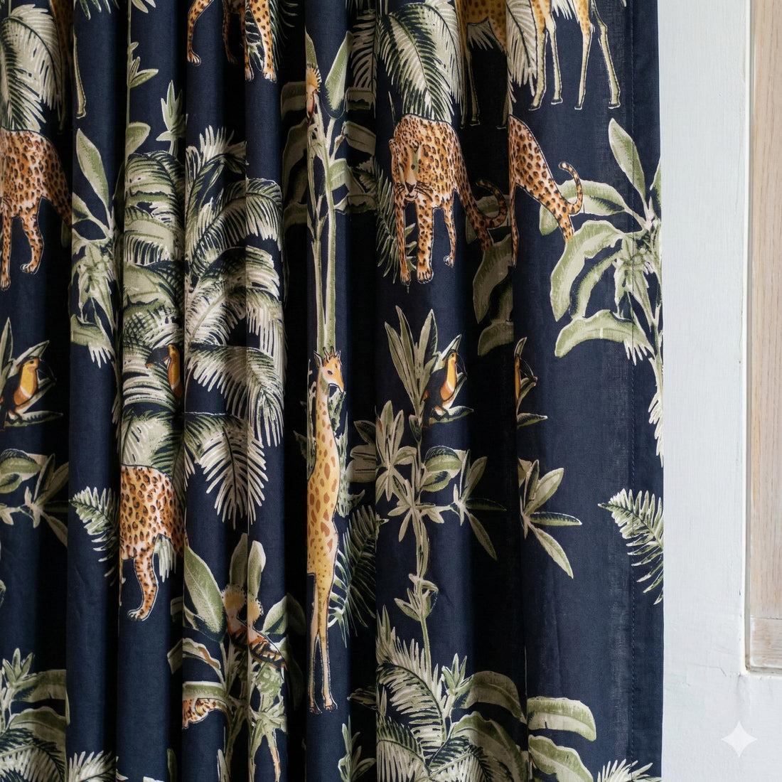 Black Jungle Safari Curtains, Leopard Giraffe Print, Organic Cotton Drapes — image 1