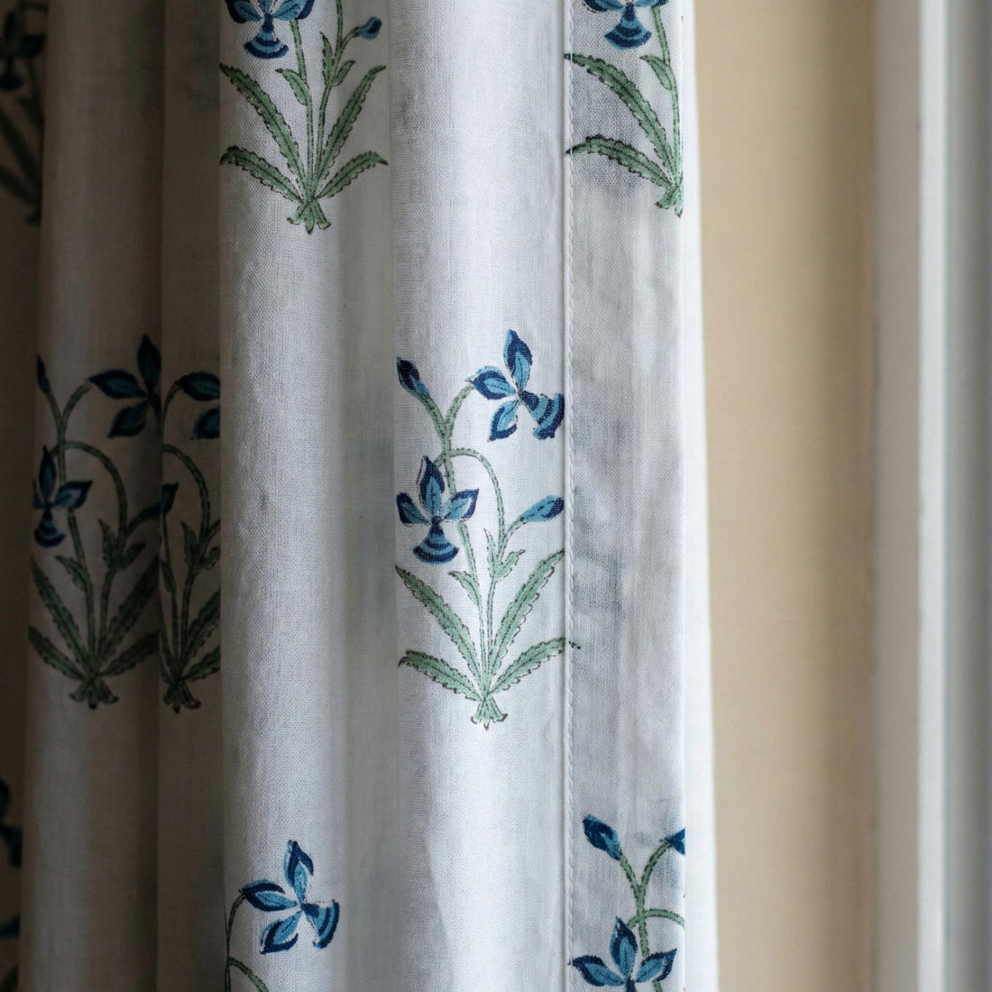 Hand Block Print Organic Cotton Curtains, Blue Floral Sage Green Stem Pattern — image 1