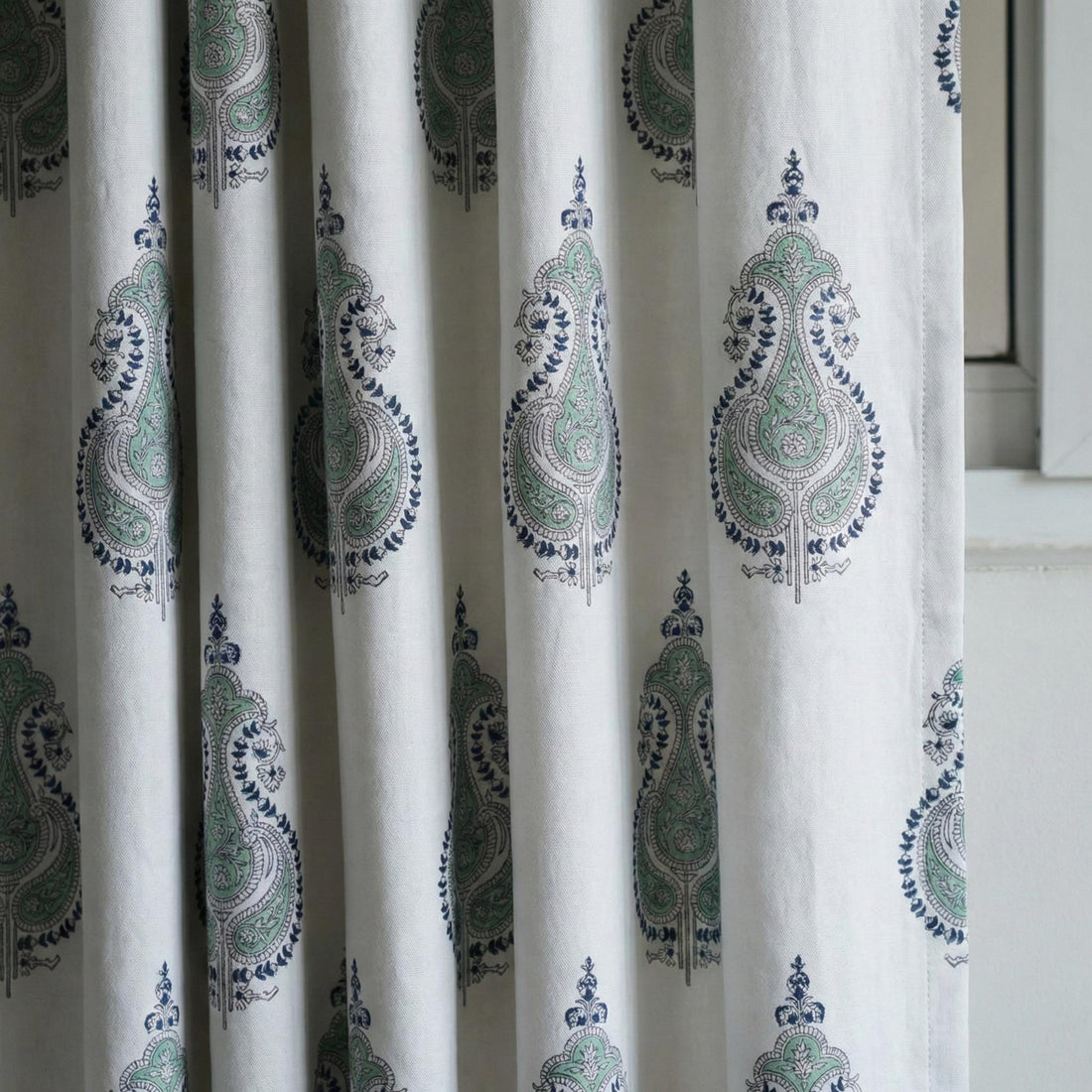 Organic Cotton Curtains, Sage Green Paisley Block Print, Custom Drapes — image 1