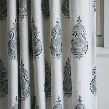 Organic Cotton Curtains, Sage Green Paisley Block Print, Custom Drapes — image 1