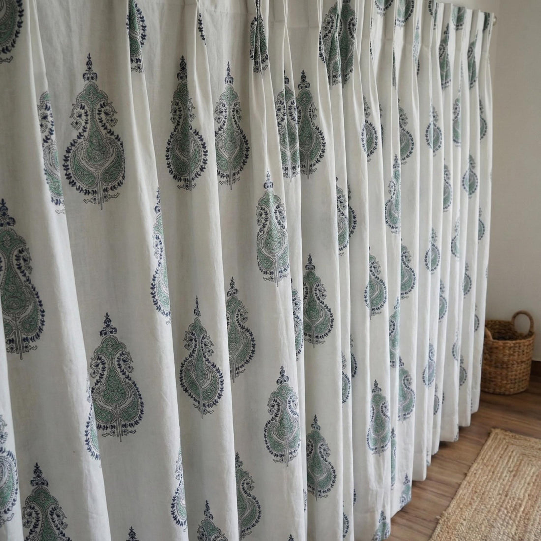 Organic Cotton Curtains, Sage Green Paisley Block Print, Custom Drapes — image 1
