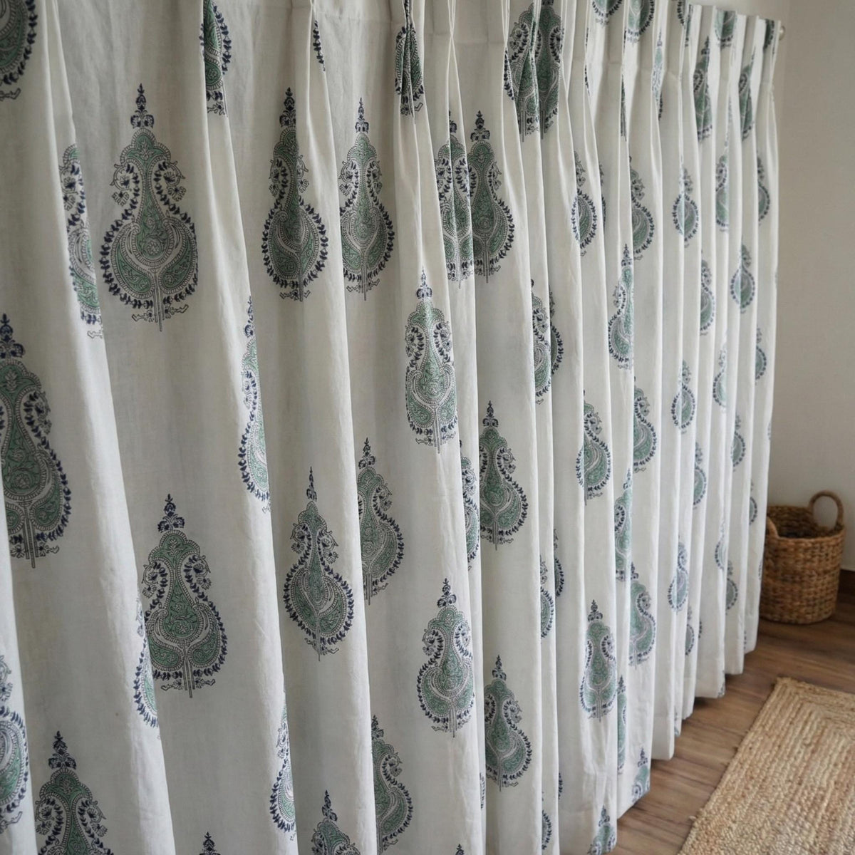 Organic Cotton Curtains, Sage Green Paisley Block Print, Custom Drapes — image 2