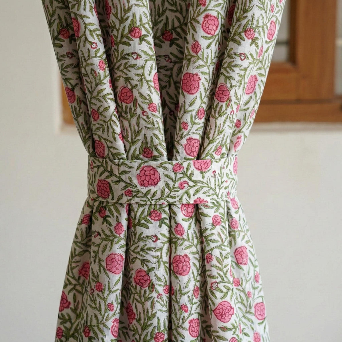 White Cotton Curtains, Pink Pomegranate Floral Block Print, Custom Size — image 1