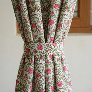 White Cotton Curtains, Pink Pomegranate Floral Block Print, Custom Size — image 1