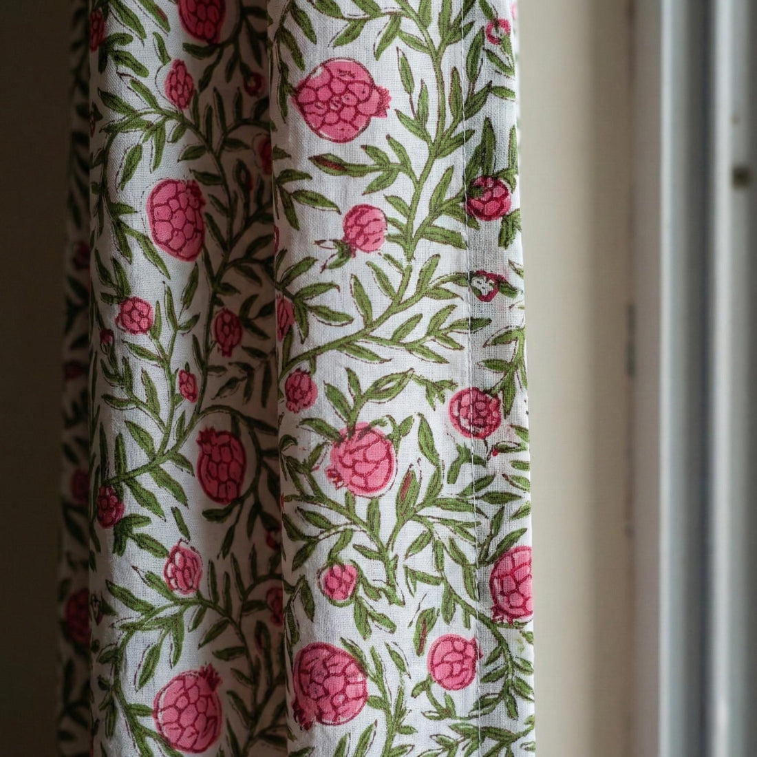 White Cotton Curtains, Pink Pomegranate Floral Block Print, Custom Size — image 1