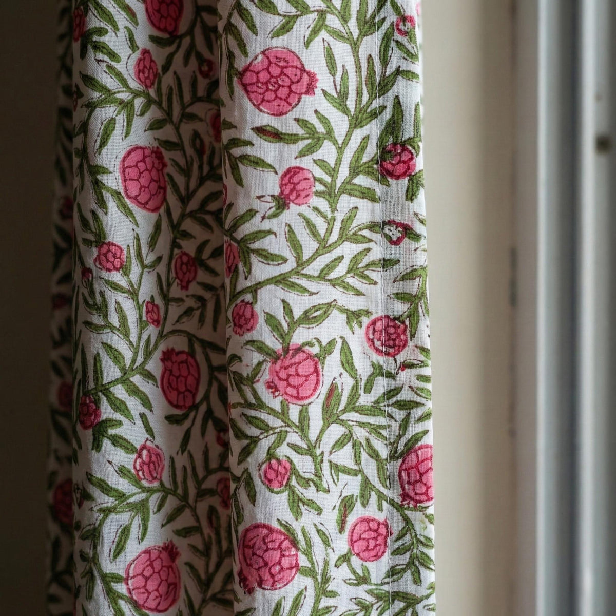 White Cotton Curtains, Pink Pomegranate Floral Block Print, Custom Size — image 2