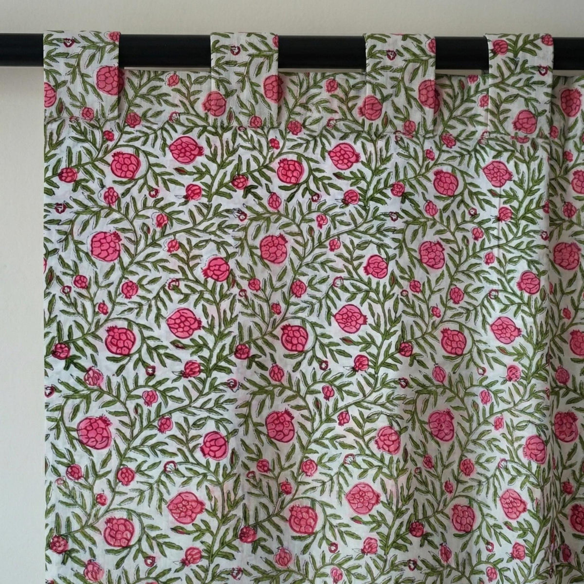 White Cotton Curtains, Pink Pomegranate Floral Block Print, Custom Size — image 7