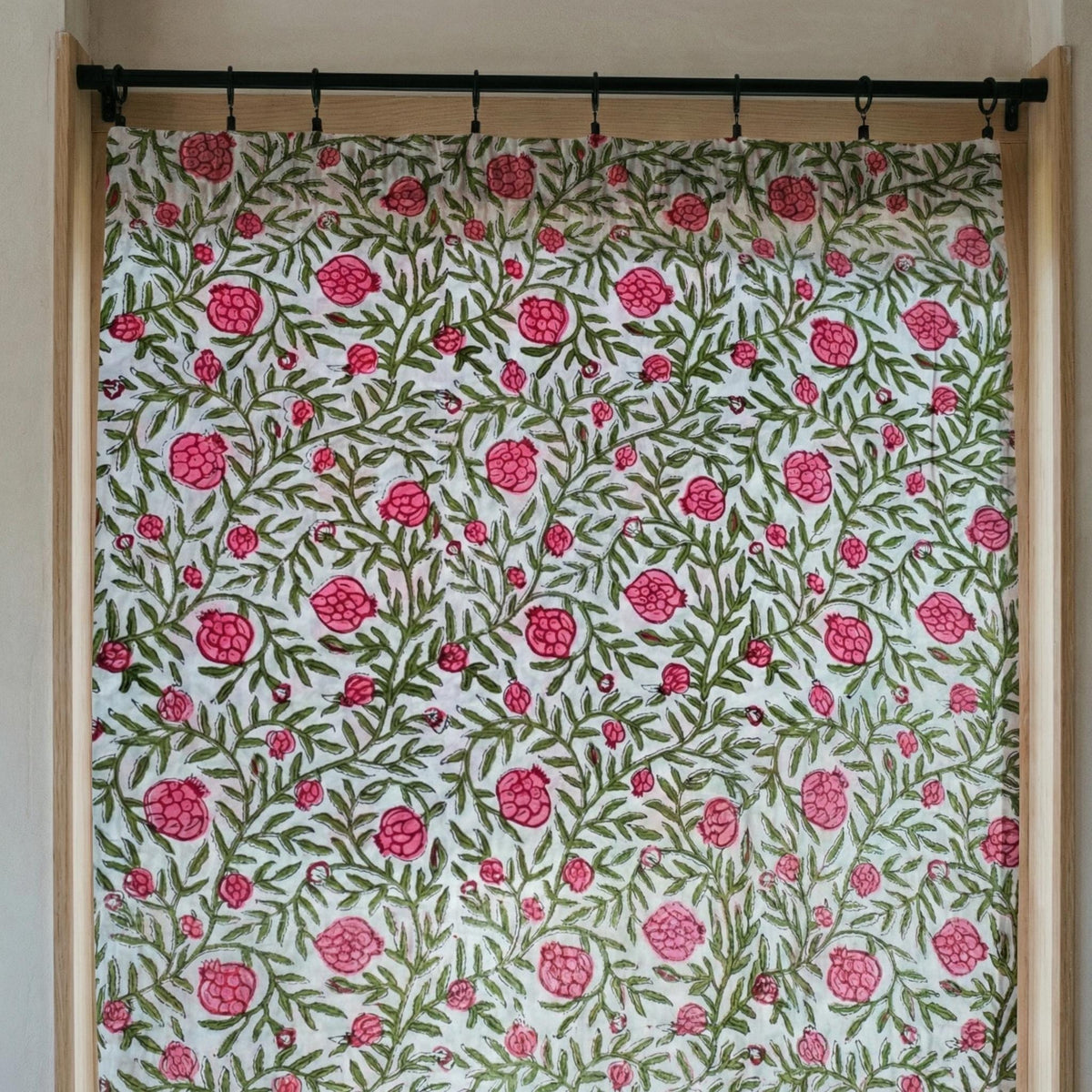 White Cotton Curtains, Pink Pomegranate Floral Block Print, Custom Size — image 6