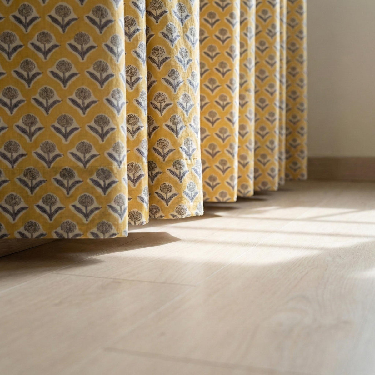 Mustard Yellow Floral Block Print Curtains, Organic Cotton, Custom Size — image 3