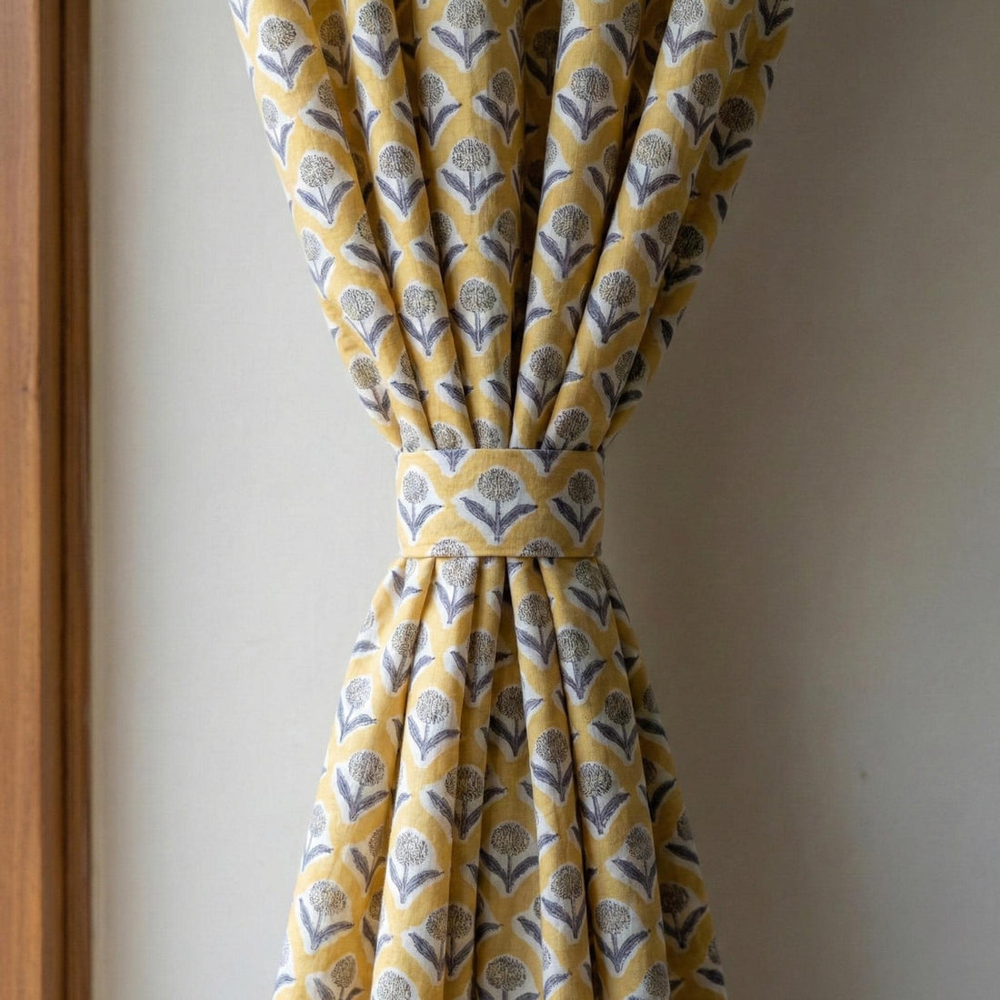 Mustard Yellow Floral Block Print Curtains, Organic Cotton, Custom Size — image 1