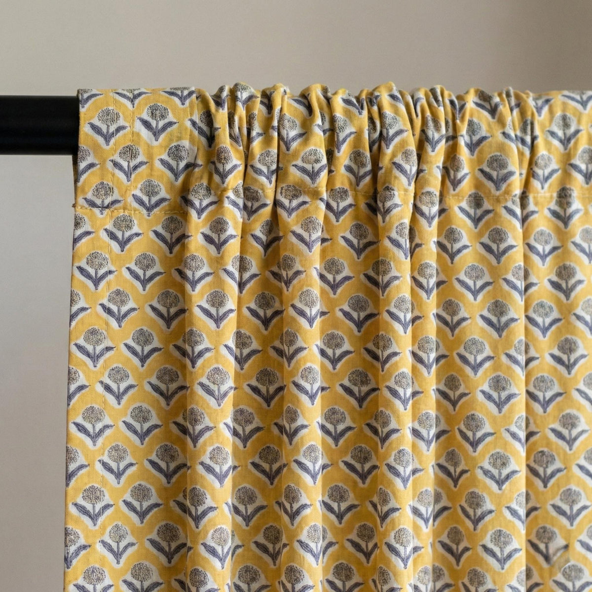 Mustard Yellow Floral Block Print Curtains, Organic Cotton, Custom Size — image 5