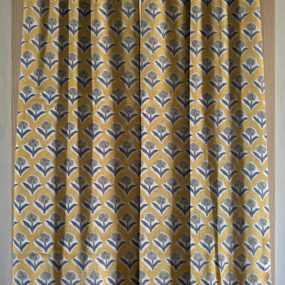 Mustard Yellow Floral Block Print Curtains, Organic Cotton, Custom Size — image 4