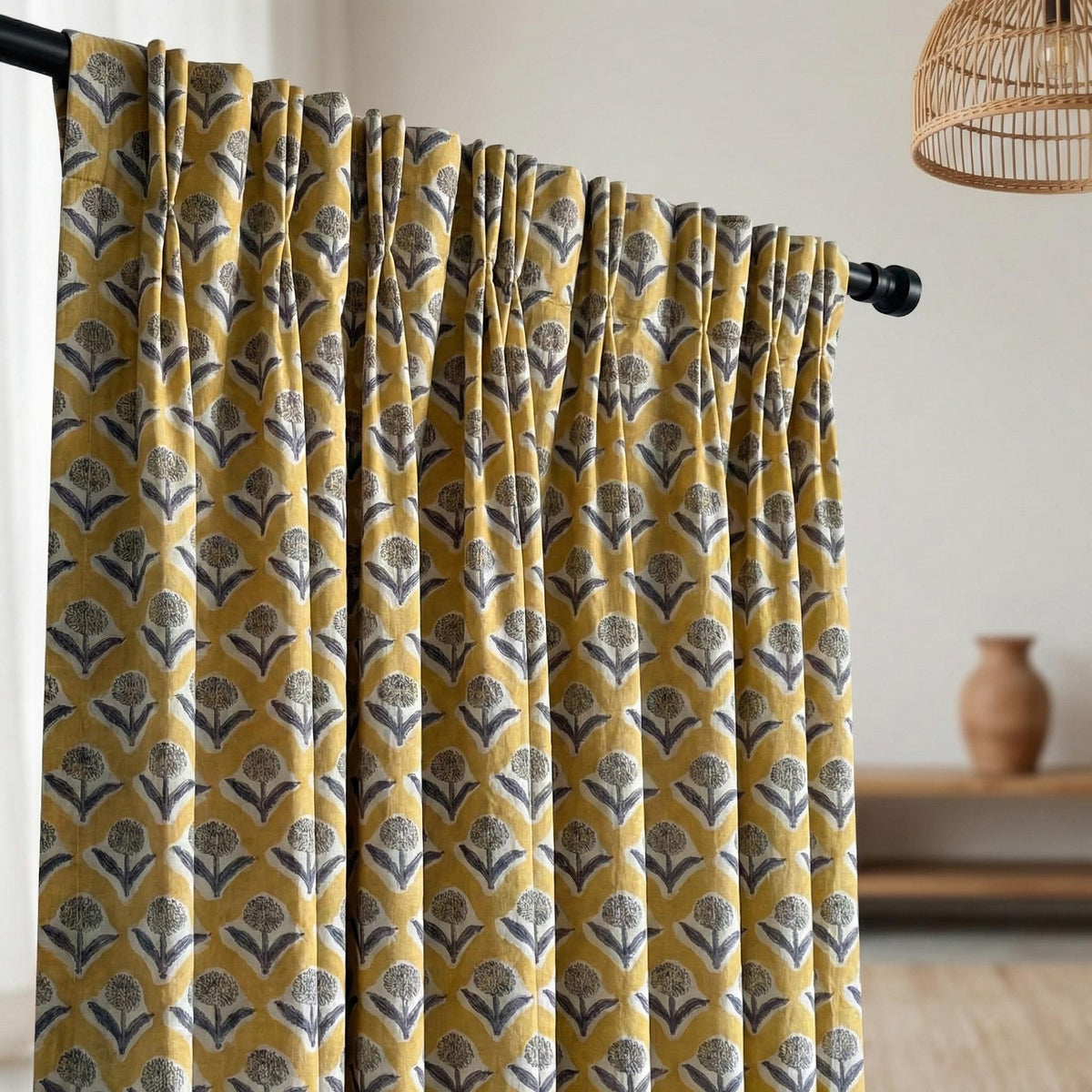 Mustard Yellow Floral Block Print Curtains, Organic Cotton, Custom Size — image 6