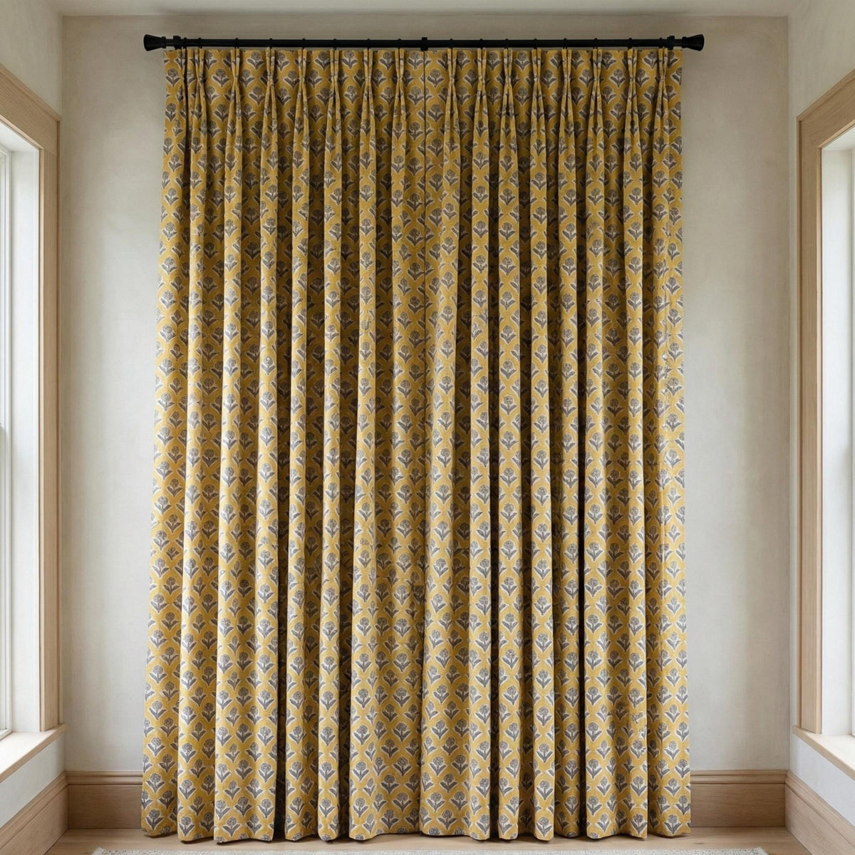 Mustard Yellow Floral Block Print Curtains, Organic Cotton, Custom Size — image 7