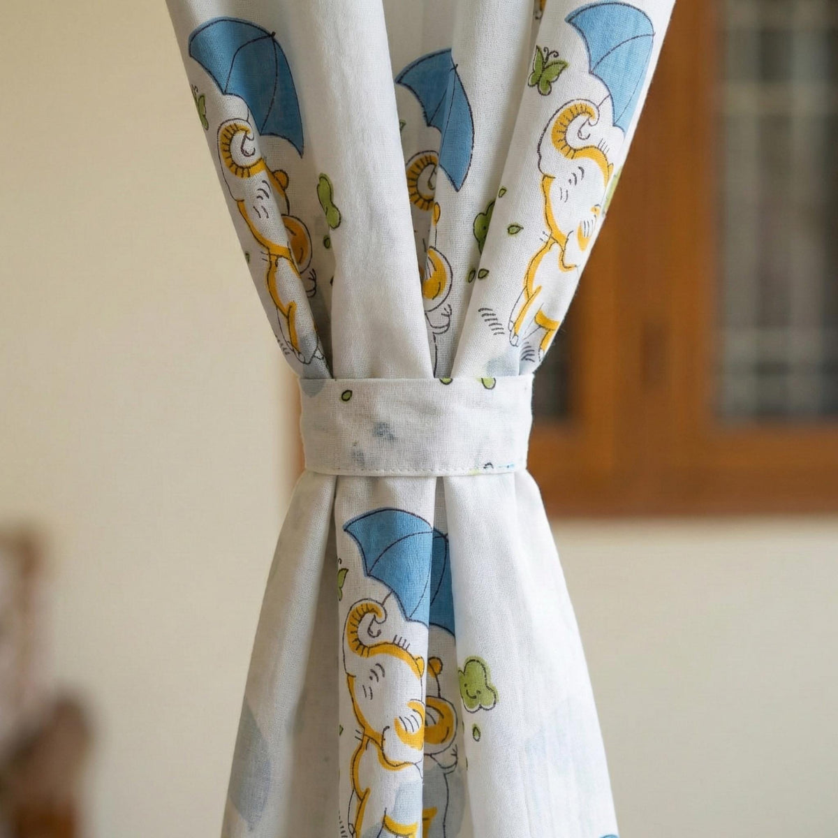 Hand Block Print Organic Cotton Nursery Curtains, Elephant & Umbrella — image 5