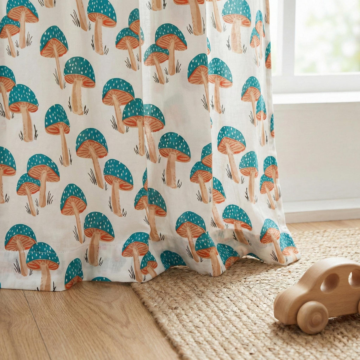 Mushroom Print Organic Cotton Nursery Curtains, Teal & Terracotta — image 4
