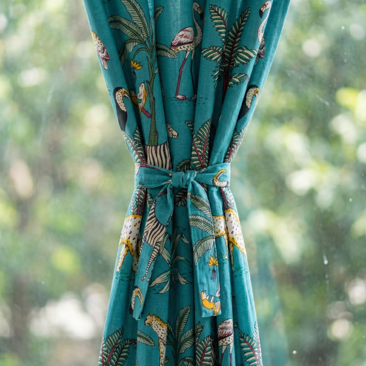 Teal Jungle Safari Curtains, Organic Cotton Block Print, Nursery Kids Room — image 3