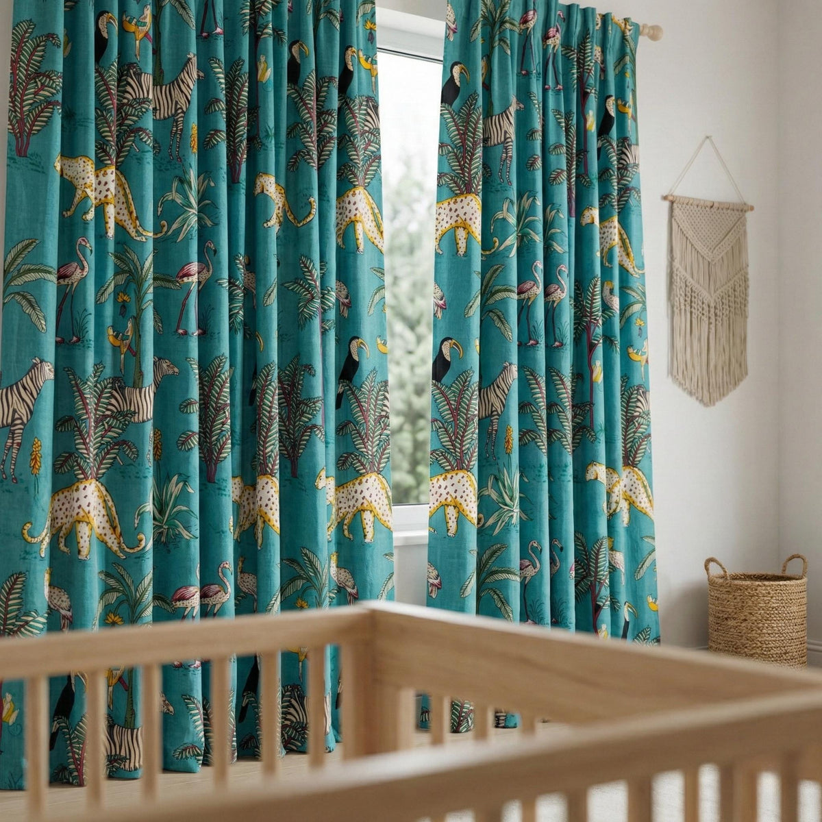 Teal Jungle Safari Curtains, Organic Cotton Block Print, Nursery Kids Room — image 5