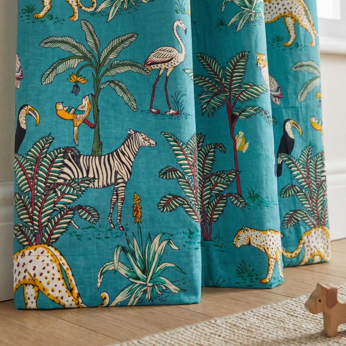Teal Jungle Safari Curtains, Organic Cotton Block Print, Nursery Kids Room — image 4